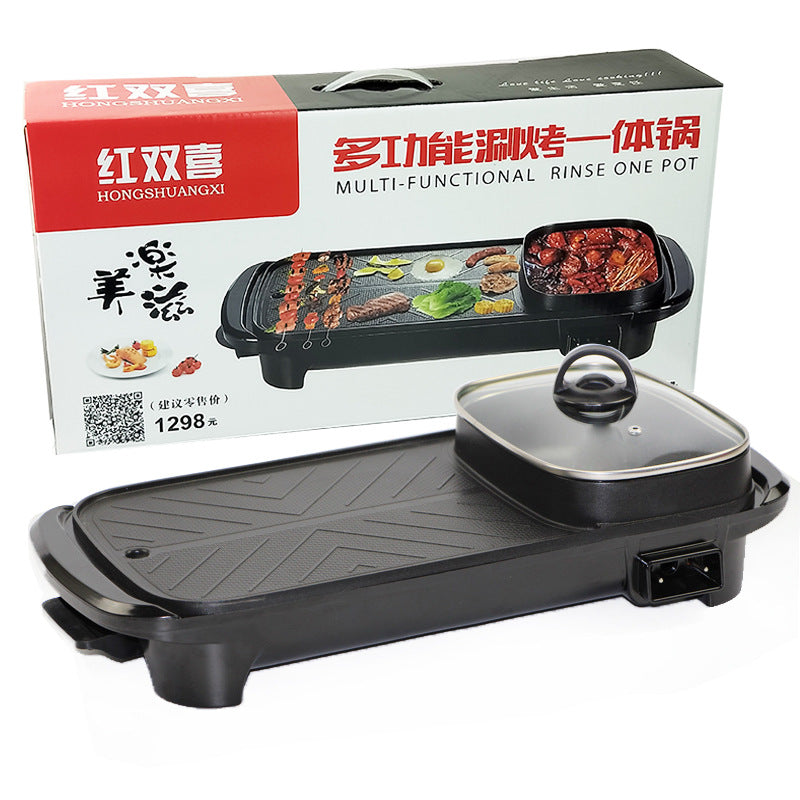 Cross-border Korean-style shabu-shabu-grilled one-piece multi-function electric pot household smoke-free non-stick electric hot pot barbecue plate electric oven