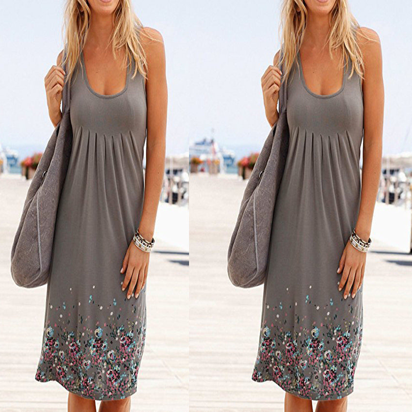 sleeveless floral print loose summer dress fashion