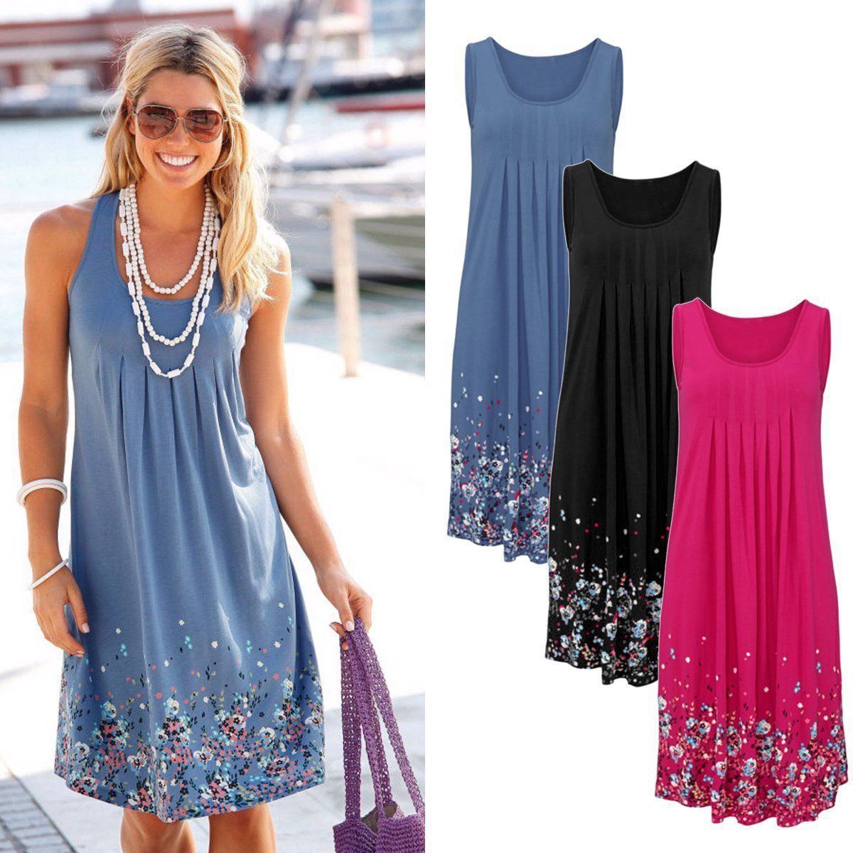 sleeveless floral print loose summer dress fashion