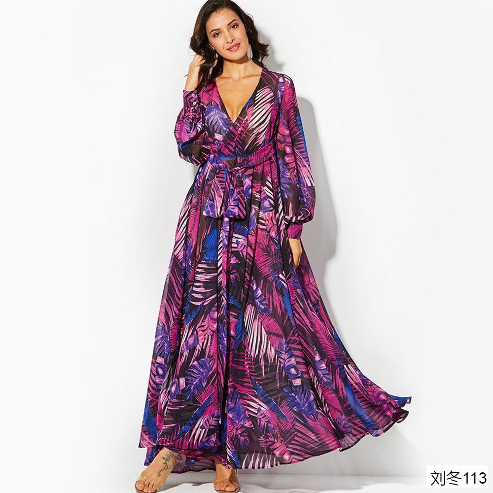 -Neck Leaf Print Maxi Dress