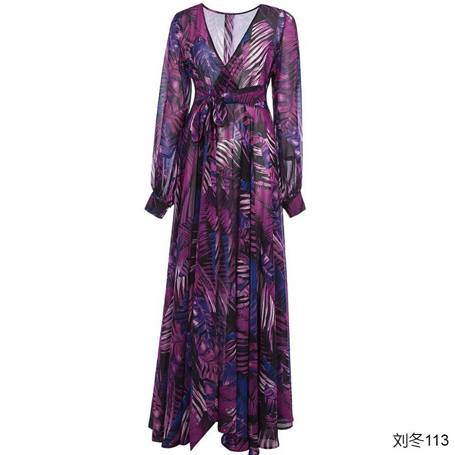 -Neck Leaf Print Maxi Dress